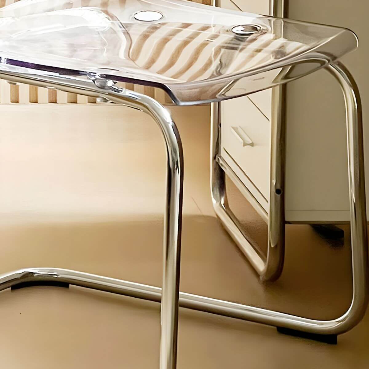 Scandinavian style plastic and acrylic dining side chair with silver legs, non-upholstered design