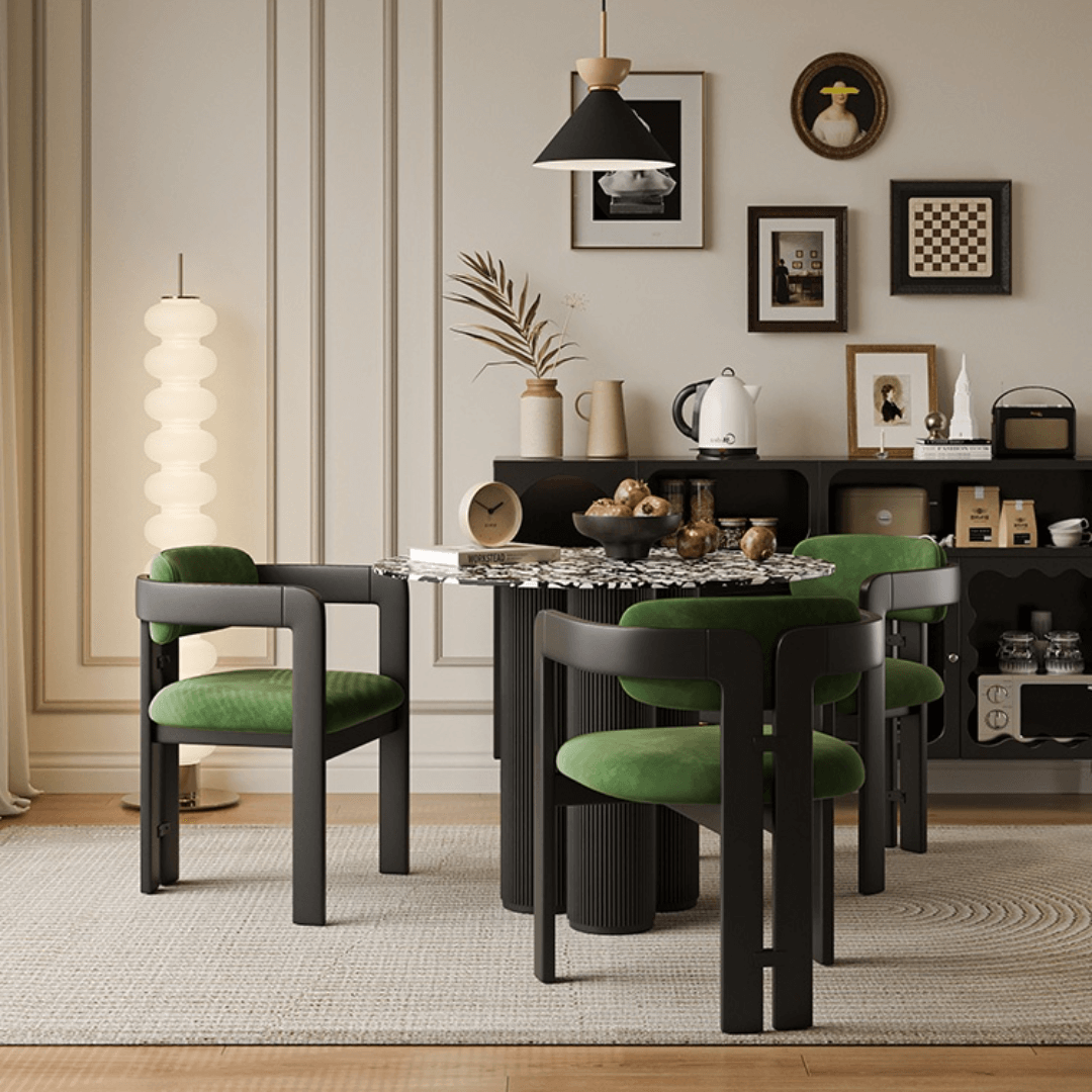 Small space dining set with terrazzo table and luxurious velvet seats