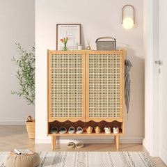 Exquisite Wooden Shoe Cabinet with Woven Rattan Doors