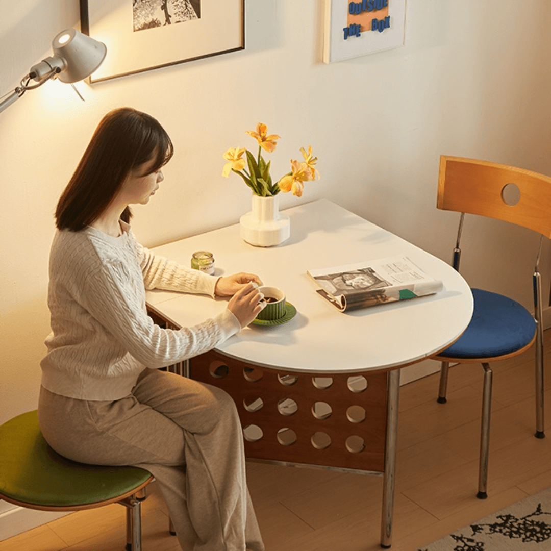 Retro-style dining table with smooth edges, perfect for family meals and work