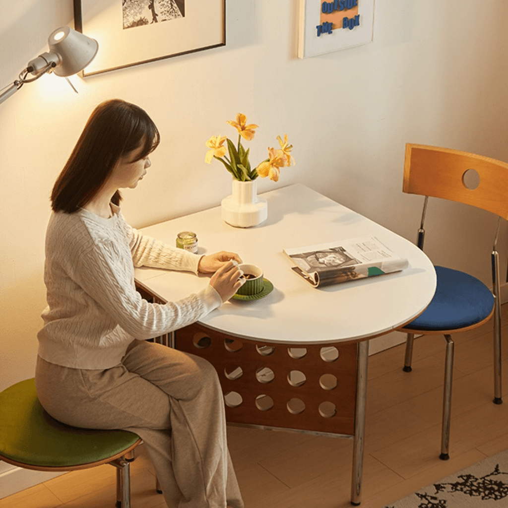 Retro-style dining table with smooth edges, perfect for family meals and work