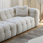 White fabric tuxedo arm sofa with biscuit back, 27.55 inches tall