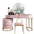 Makeup vanity set with extendable dressing table, side cabinet, mirror, and chair in white, pink, green, and blue