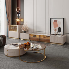 Modern Round Coffee Table Set Sintered Stone with 2 Drawers & Metal Legs