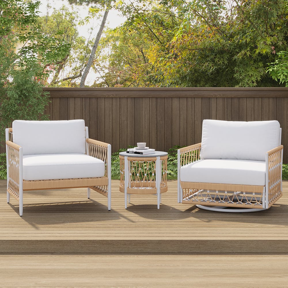 Outdoor 3-piece swivel sofa set with aluminum frame, weave rope, and side table in khaki main product image メイン画像