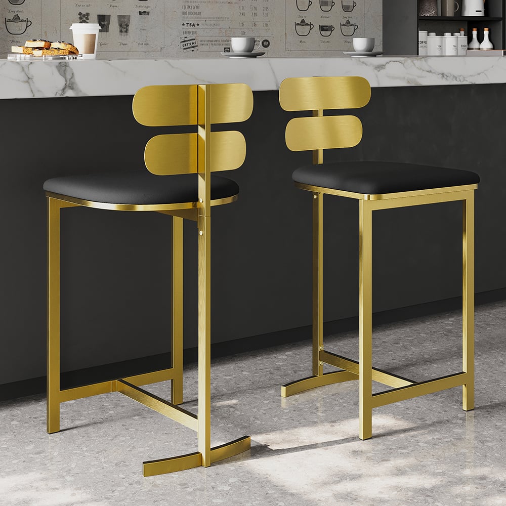 Set of four modern black PU leather counter stools with backrest for kitchen or breakfast bar