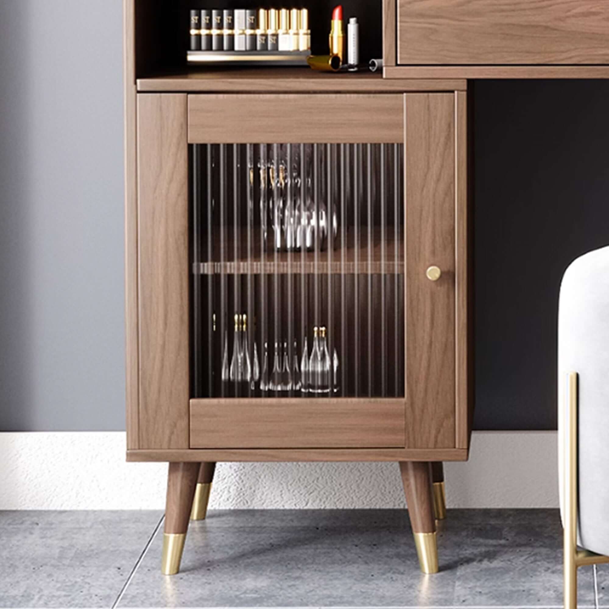 Coffee brown wooden vanity table with side cabinets, open storage, and drawers for bedroom organization