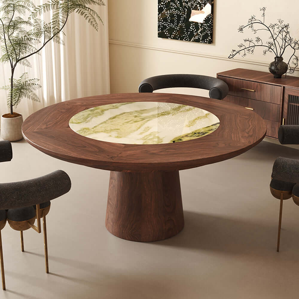 Cocochairs Modern Round Black Walnut Dining Table with Built-in Irish Green Luxury Stone Lazy Susan