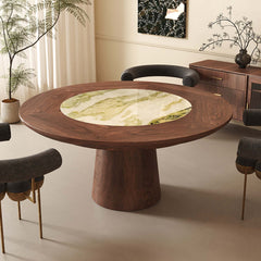 Cocochairs Modern Round Black Walnut Dining Table with Built-in Irish Green Luxury Stone Lazy Susan