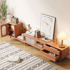 Rectangle Wood Extendable TV Stand with Bookshelf & Storage Drawers