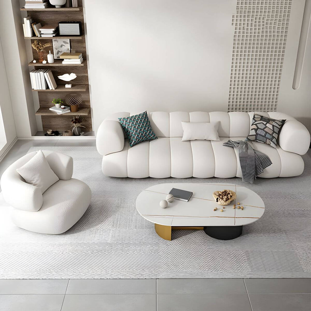 White Scandinavian fabric sofa with biscuit back and tuxedo arms