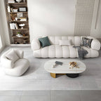 White Scandinavian fabric sofa with biscuit back and tuxedo arms
