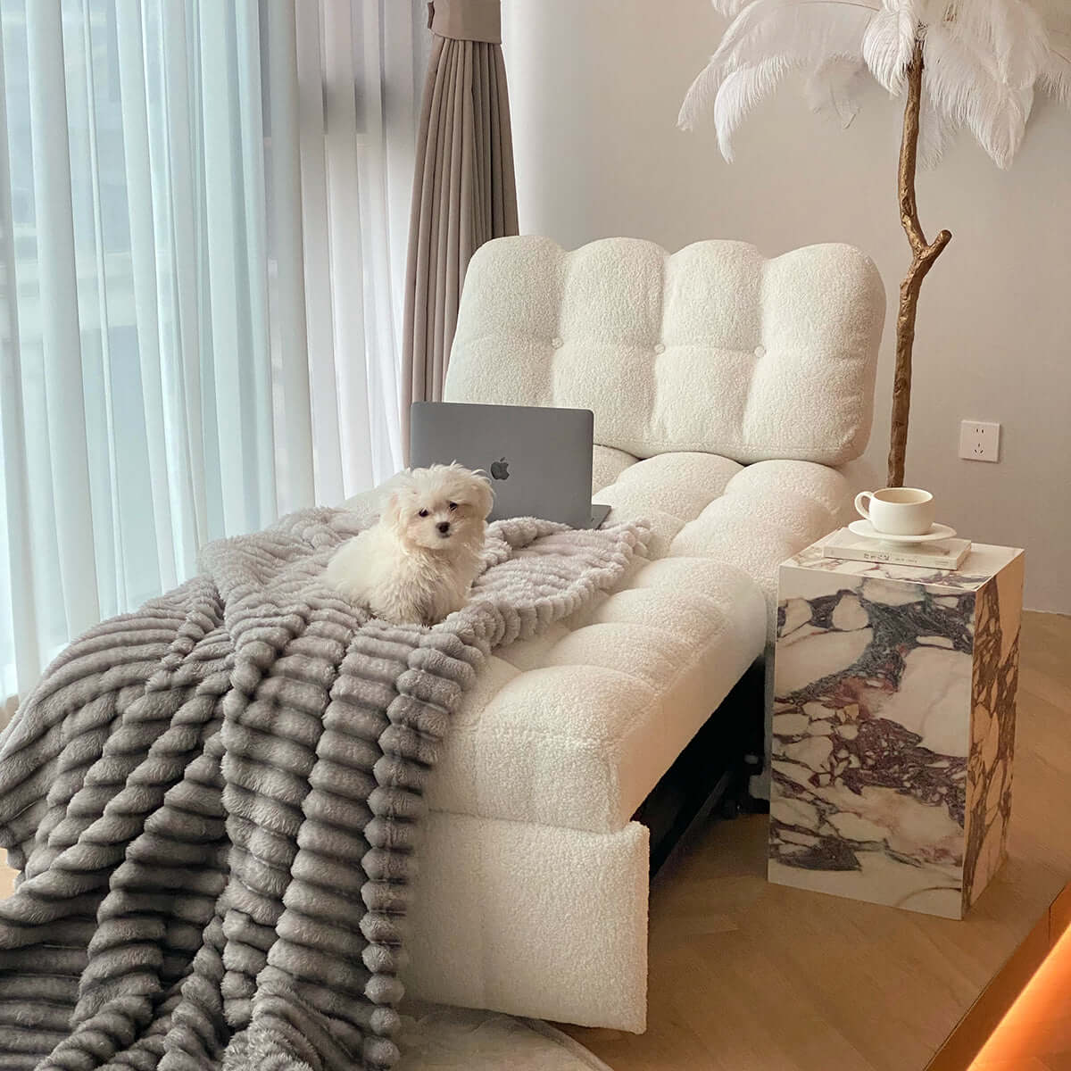 Cocochairs Teddy Fleece Lounge Sofa Bed – Cream White Pull-Out Sleeper for Small Spaces