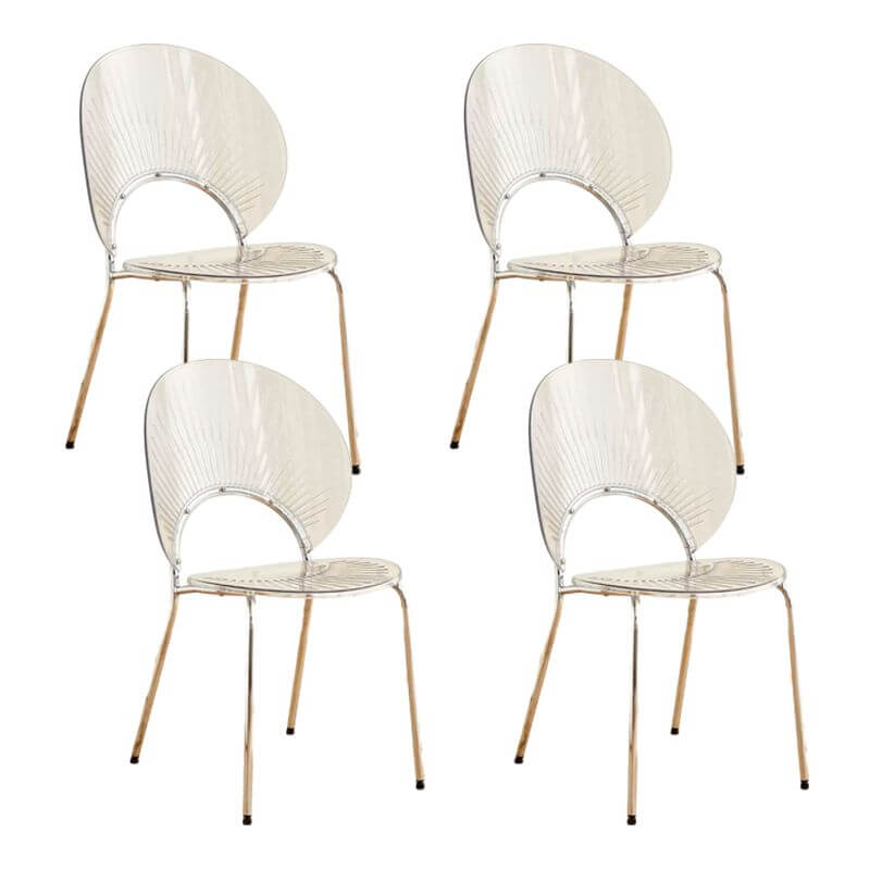 Stackable Scandinavian style dining chair with plastic seat, acrylic back, and silver legs