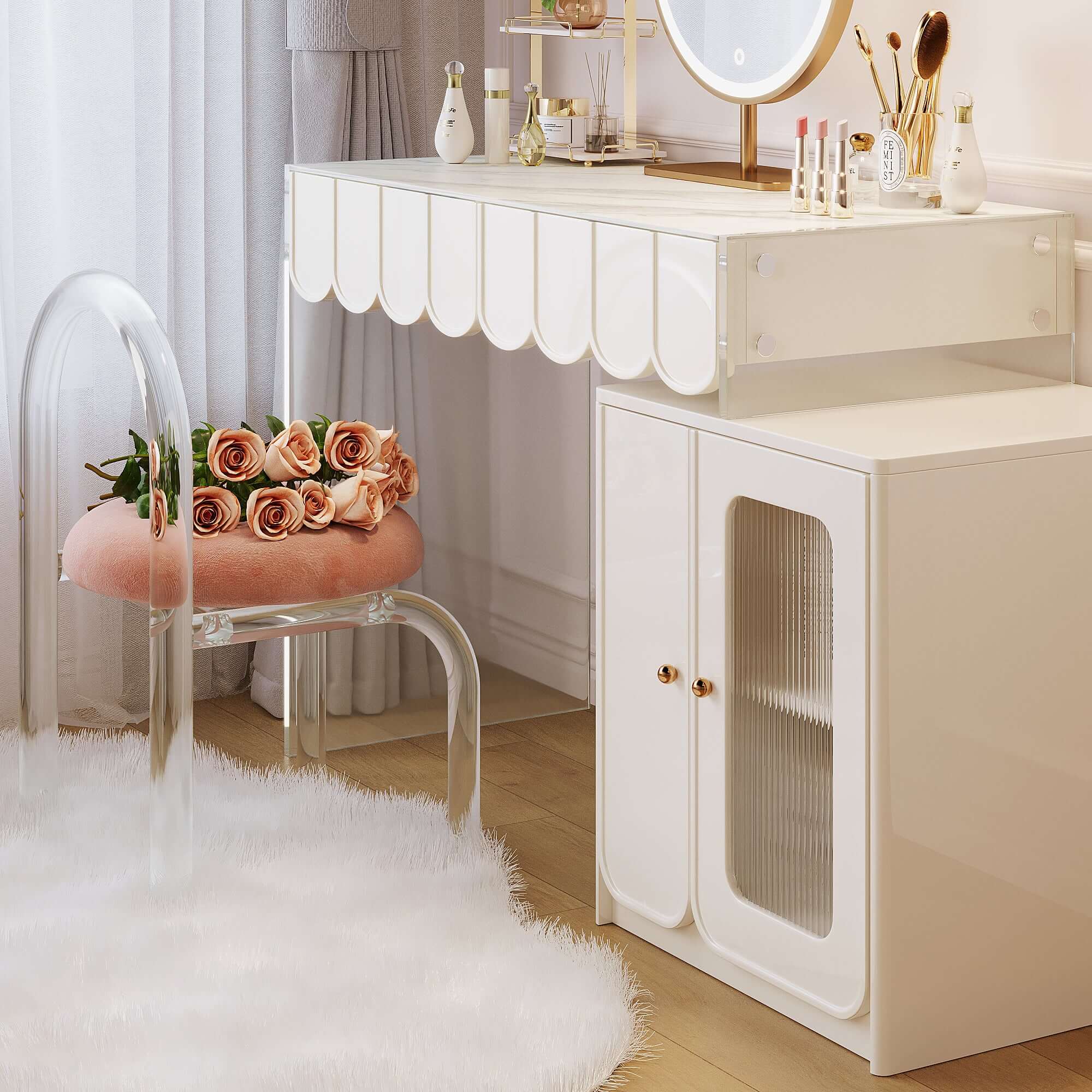 White modern makeup vanity featuring drawers and a side cabinet for organized storage