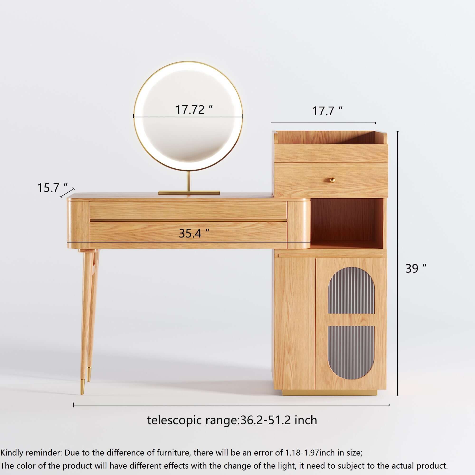 Large wooden makeup vanity table with side cabinet and spacious drawers for storage