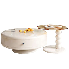Round Rotating Nesting Coffee Table Set of 2 Tea Glass Side Table with 2 Drawers