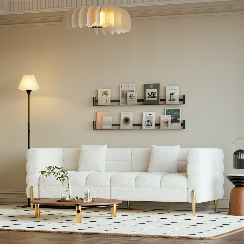 Modern white boucle upholstered fluted 3-seater sofa with pillow for living room seating