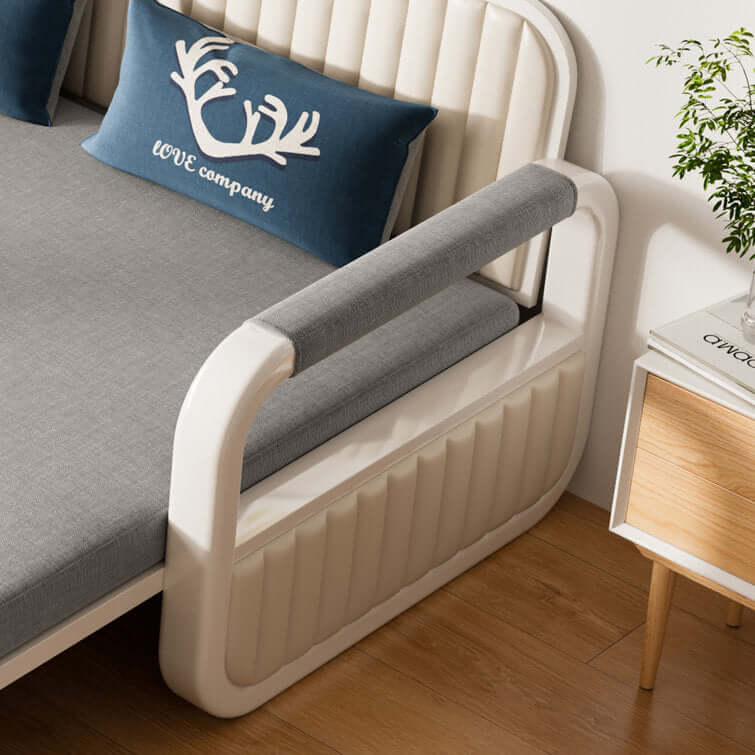 Two-seater sofa bed with cotton linen upholstery, storage compartment, and square arm design