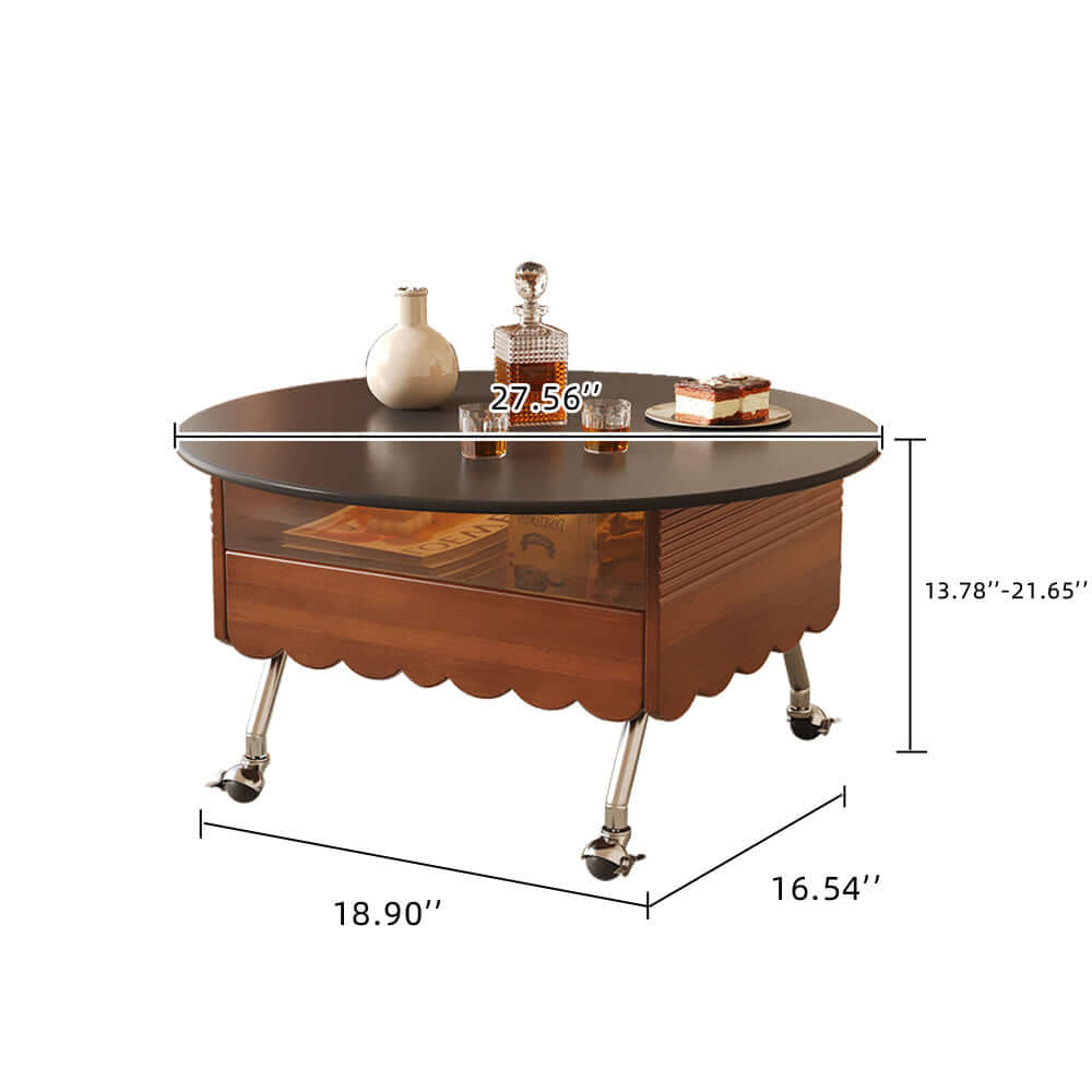 Retro round coffee table with adjustable height and wheels for easy mobility
