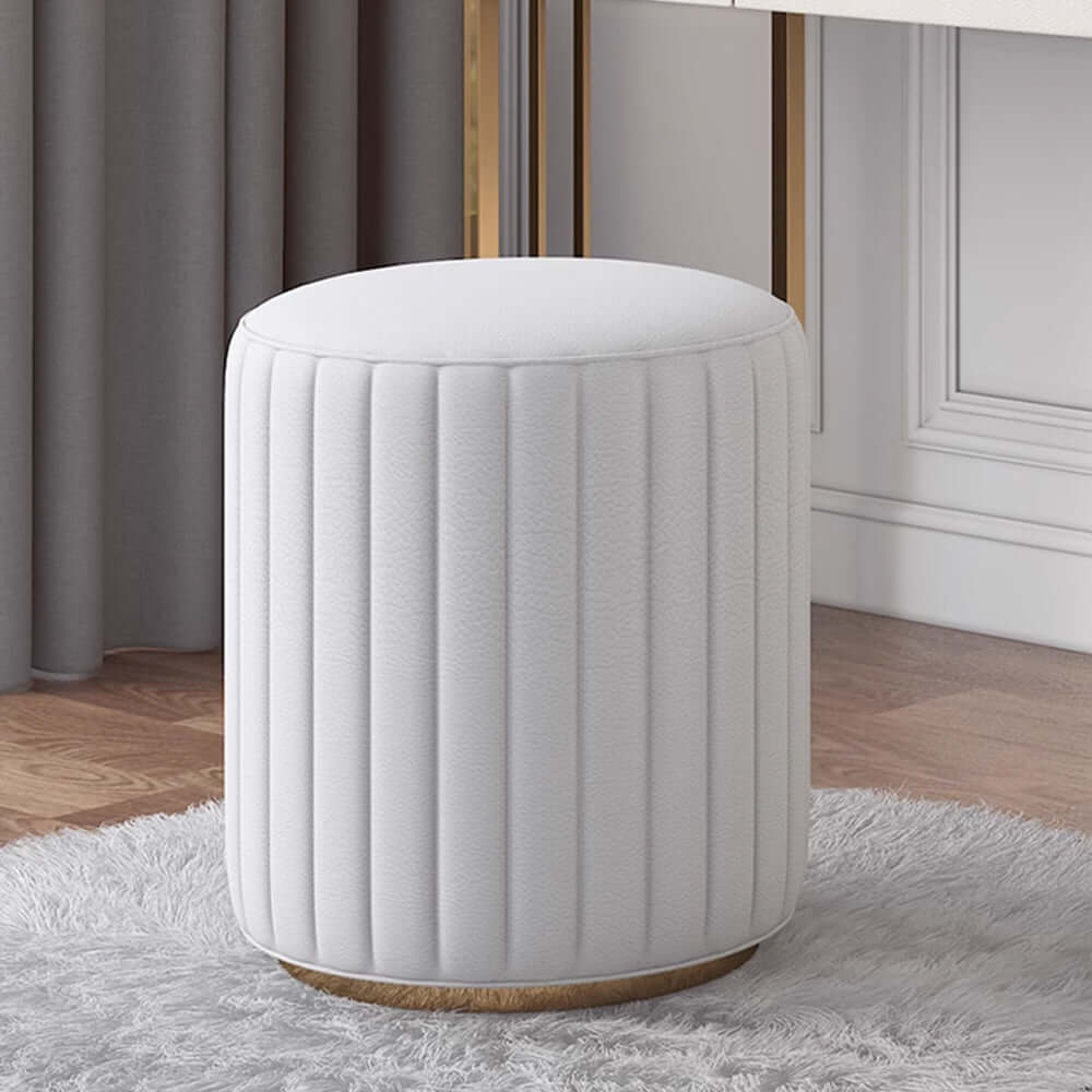 Beige dressing table set with drawers, stool, and mirror for makeup and vanity