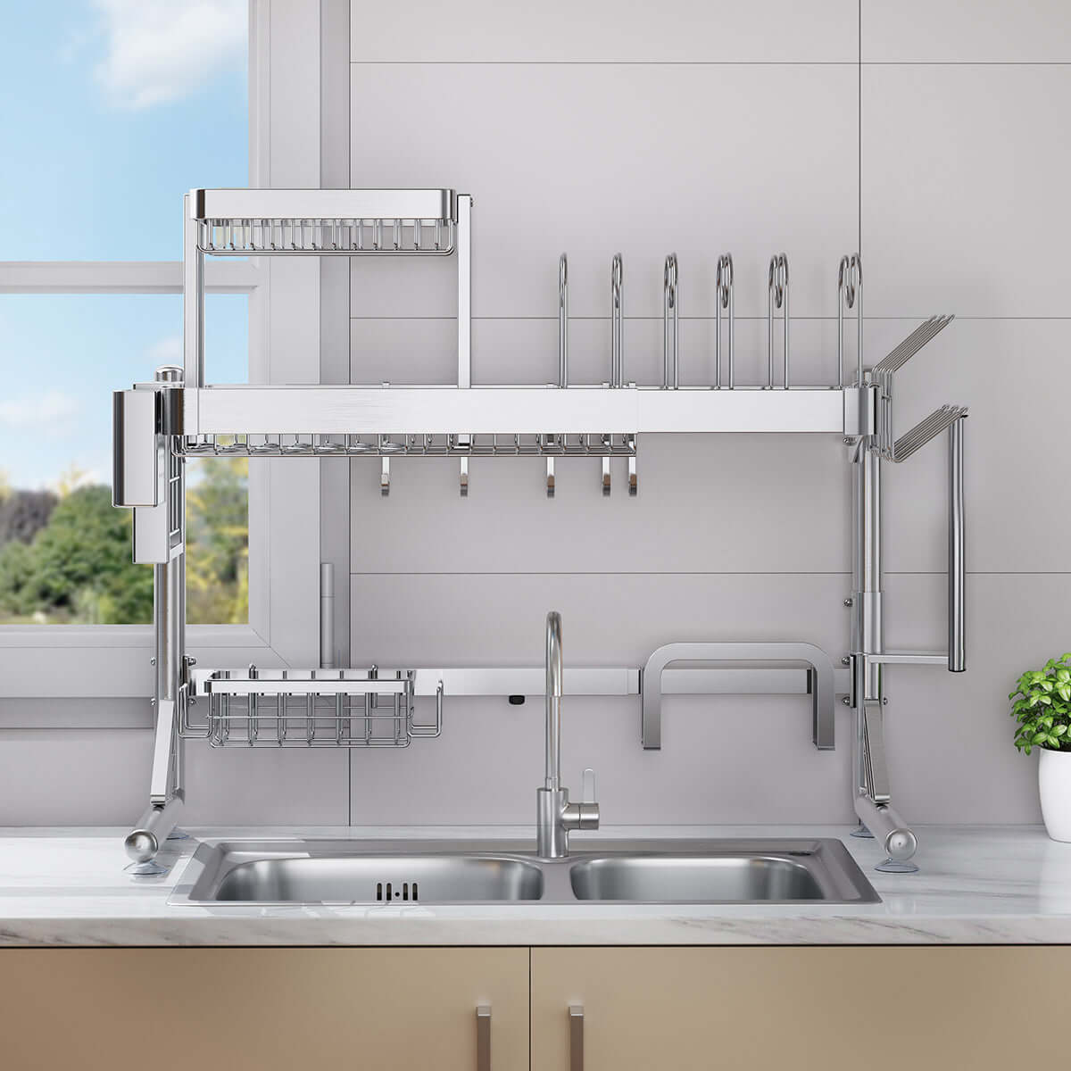 Large over-sink dish drying rack with multi-function organizer shelf for efficient kitchen storage