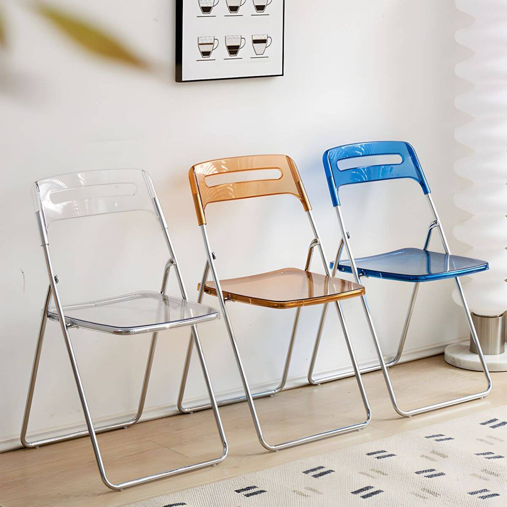 Modern collapsible open back side chair made of plastic and acrylic, ideal for kitchen and dining areas