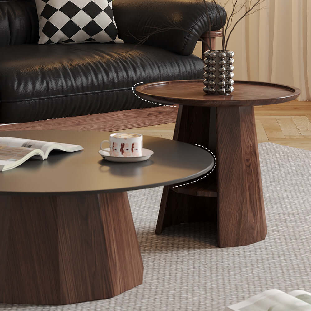 Round high-low coffee table made of solid wood and slate with built-in storage space