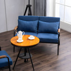 Mid century modern 2-seater sofa with black metal frame and solid wood arms