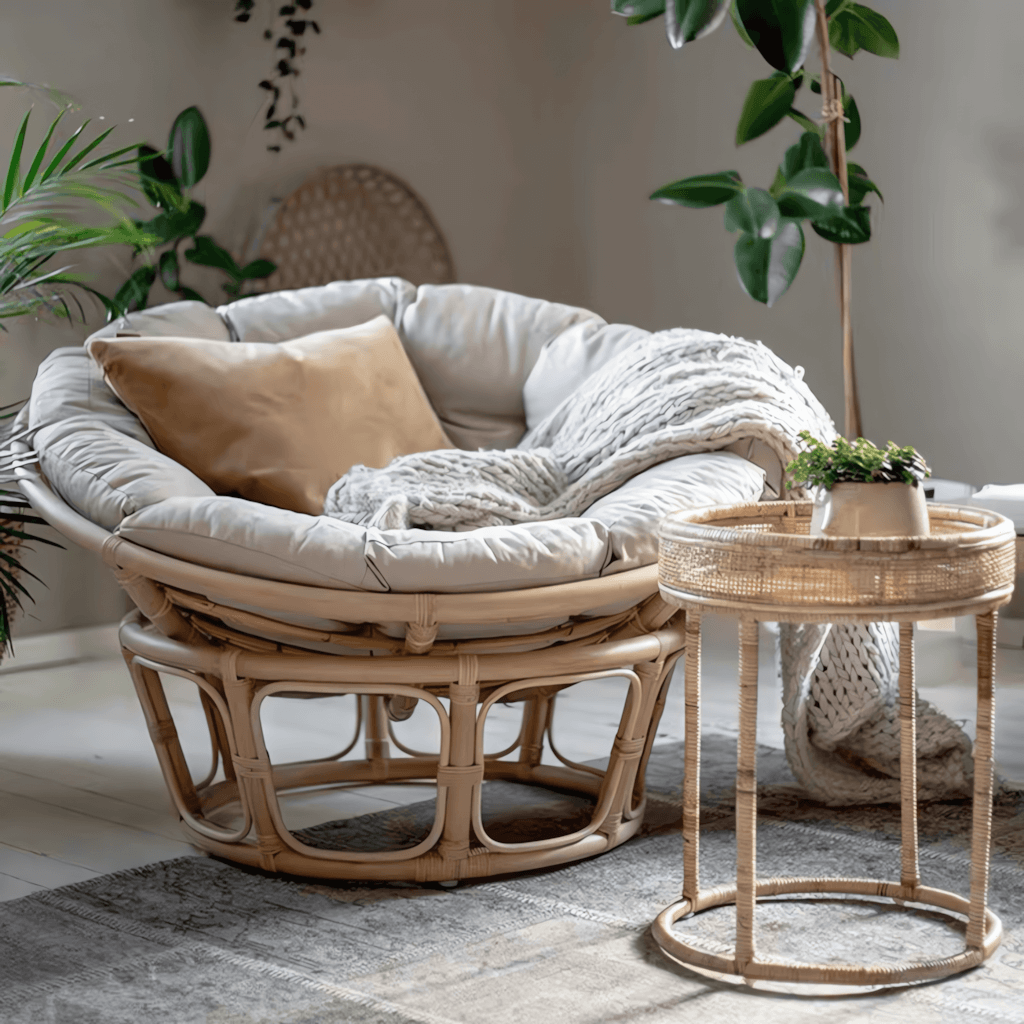 Cozy natural rattan papasan chair available in single or double size for comfortable lounging