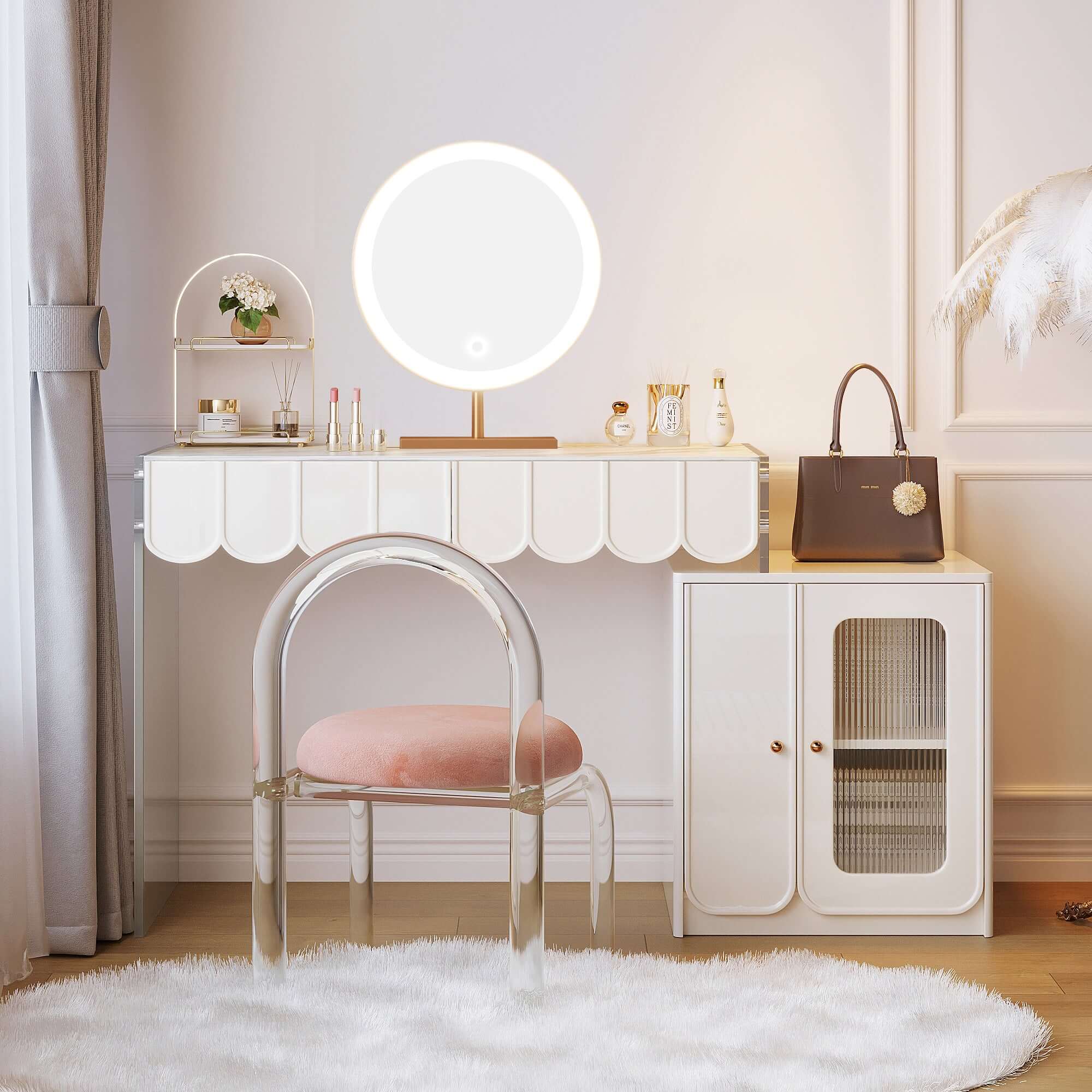 White modern makeup vanity featuring drawers and a side cabinet for organized storage