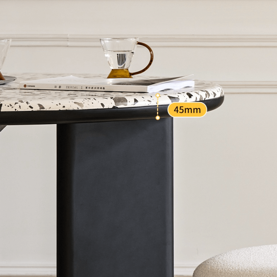 Round terrazzo table with easy-clean surface, perfect for small apartments