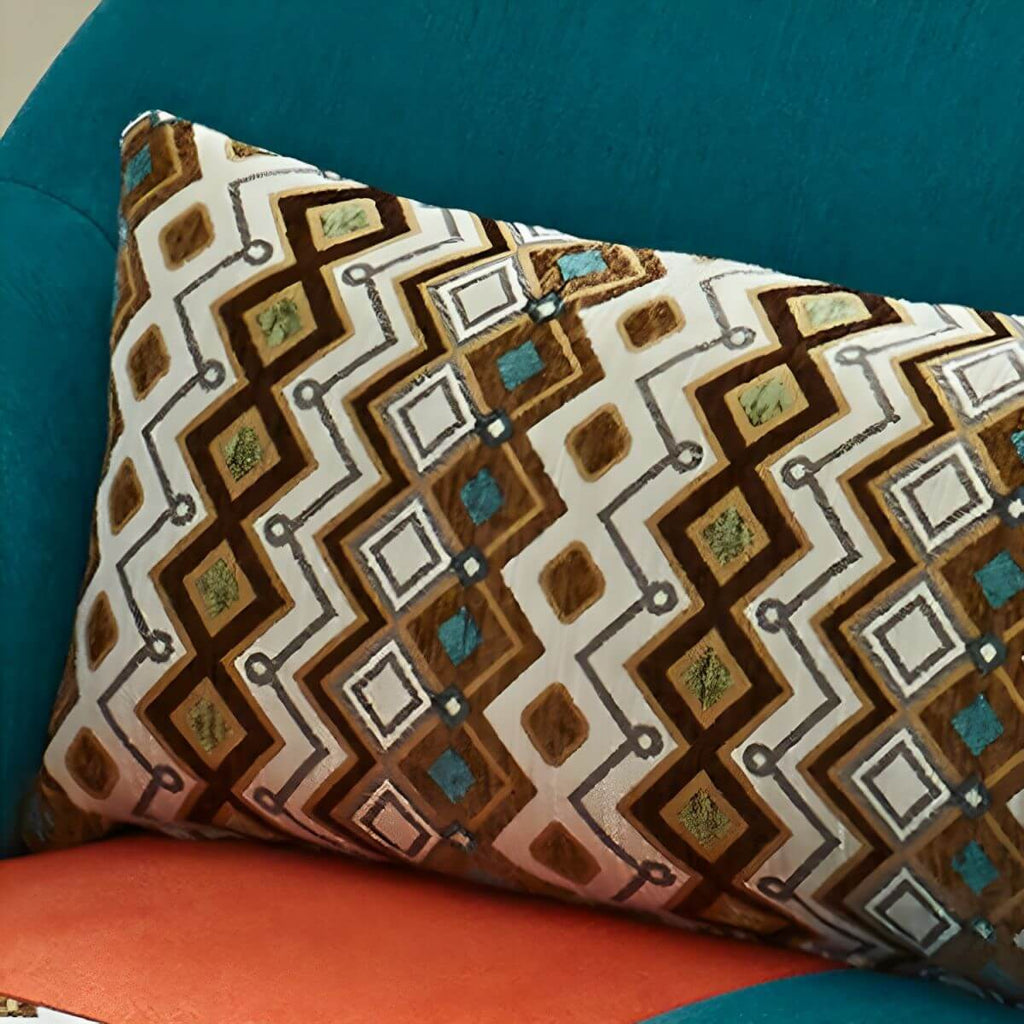 Farmhouse wood sofa with patchwork polyester blend upholstery and foam seat fill