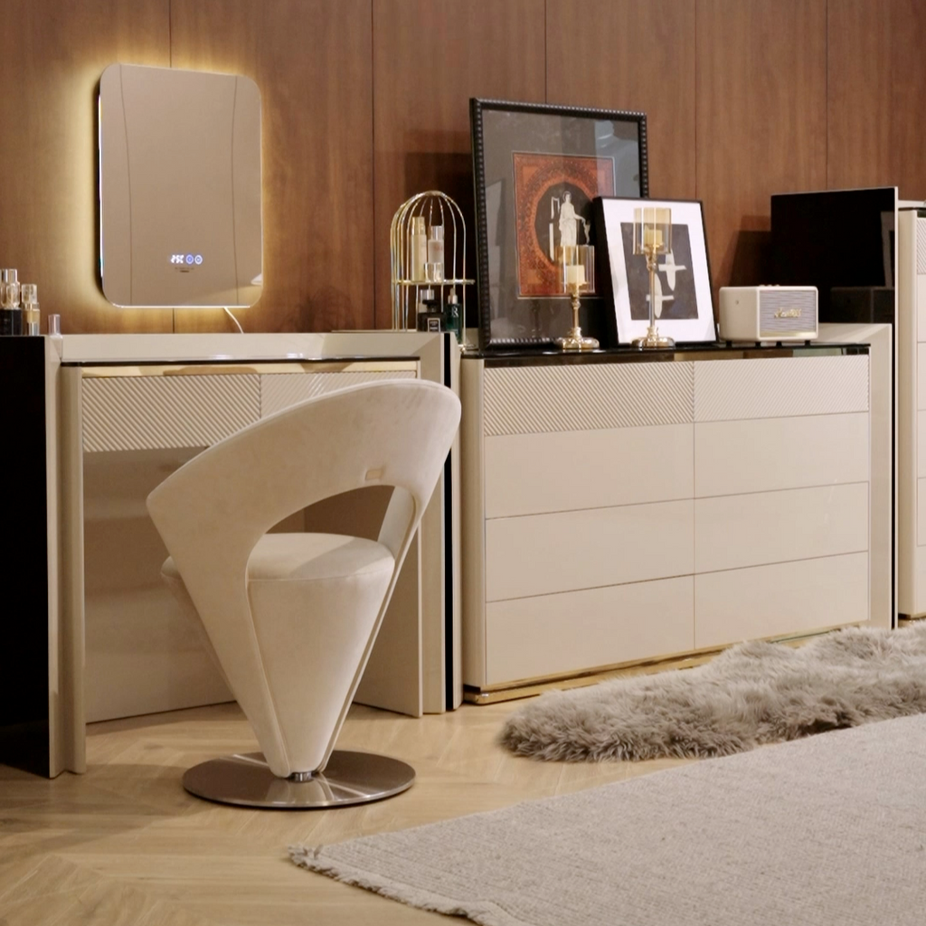 Pink and khaki Luxe Cone vanity stool with swivel feature for stylish seating