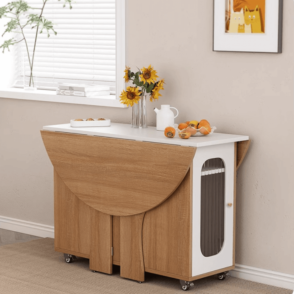 Round folding dining table with marble texture, perfect for small homes and space-saving design