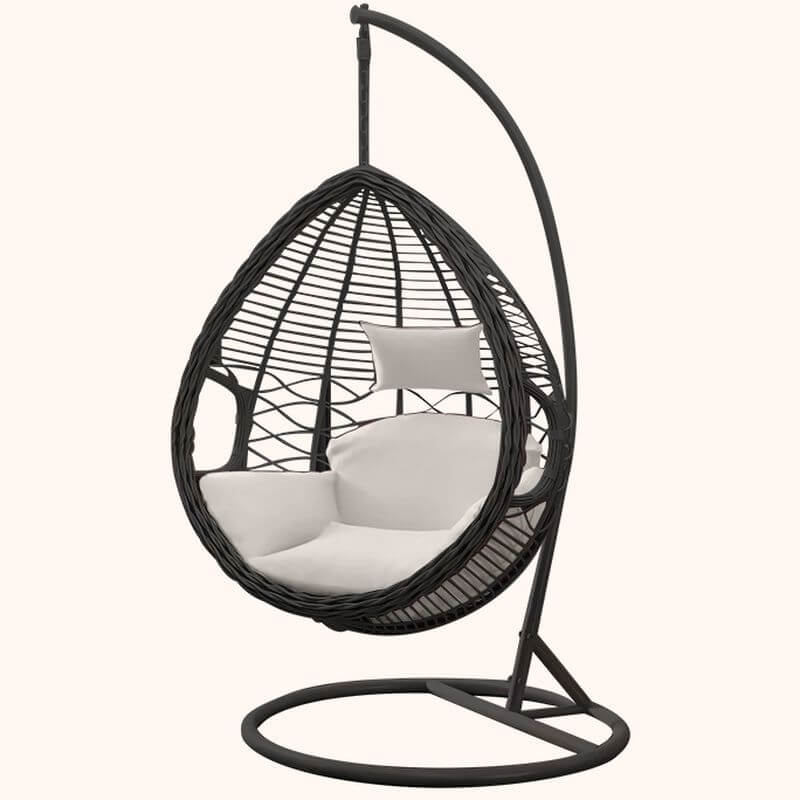 Metal upholstered porch swing egg chair with stand and chain, seating for two in cocoa and cream colors