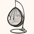 Metal upholstered porch swing egg chair with stand and chain, seating for two in cocoa and cream colors