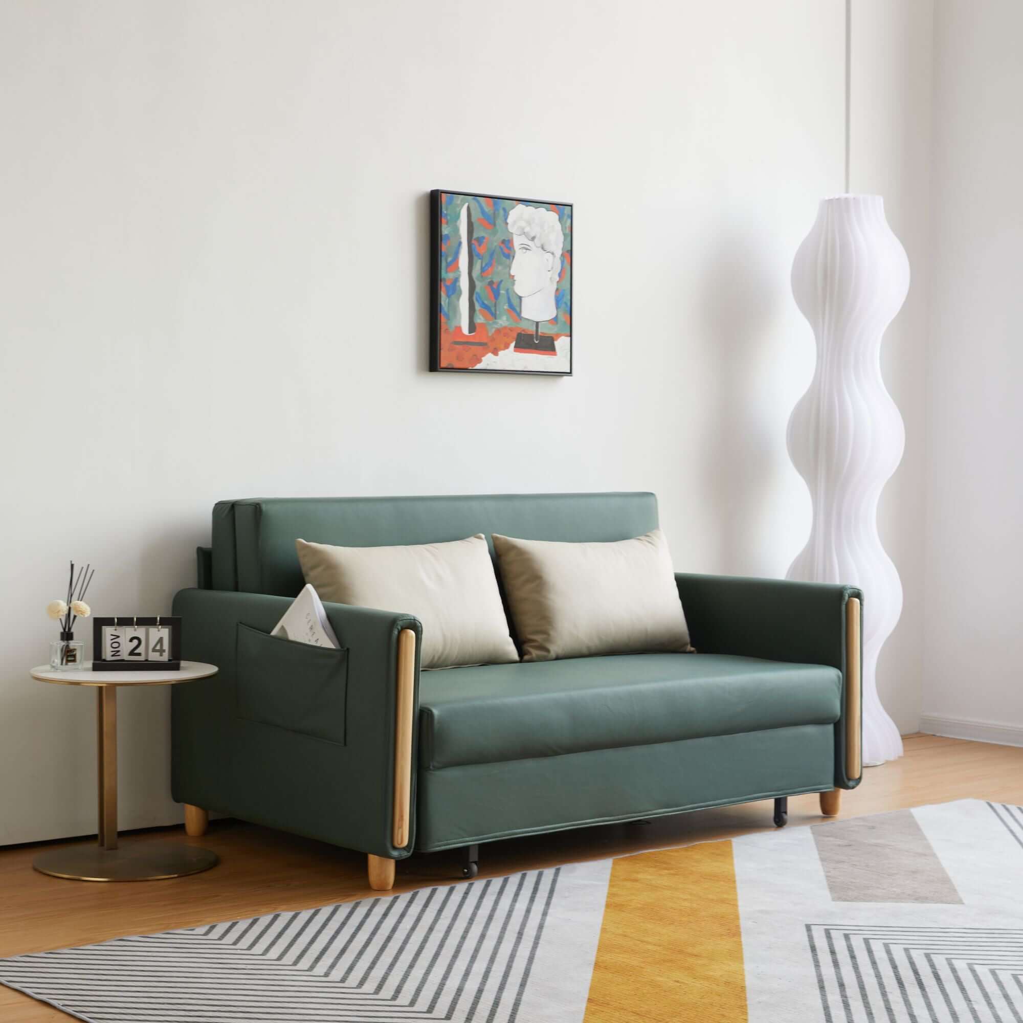 Convertible 3-in-1 sleeper sofa with pull-out bed and storage space