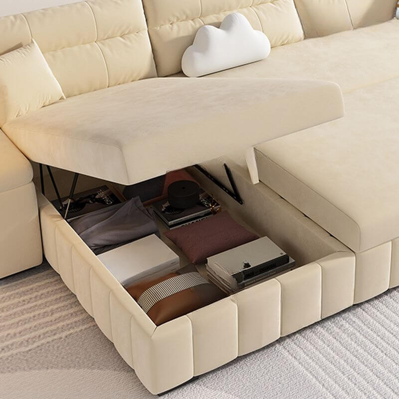 Beige Twill Sofa Recliner with USB Port, Under-seat Storage, Left Orientation, and L-Shape Design, 122"L x 63"W x 33"H