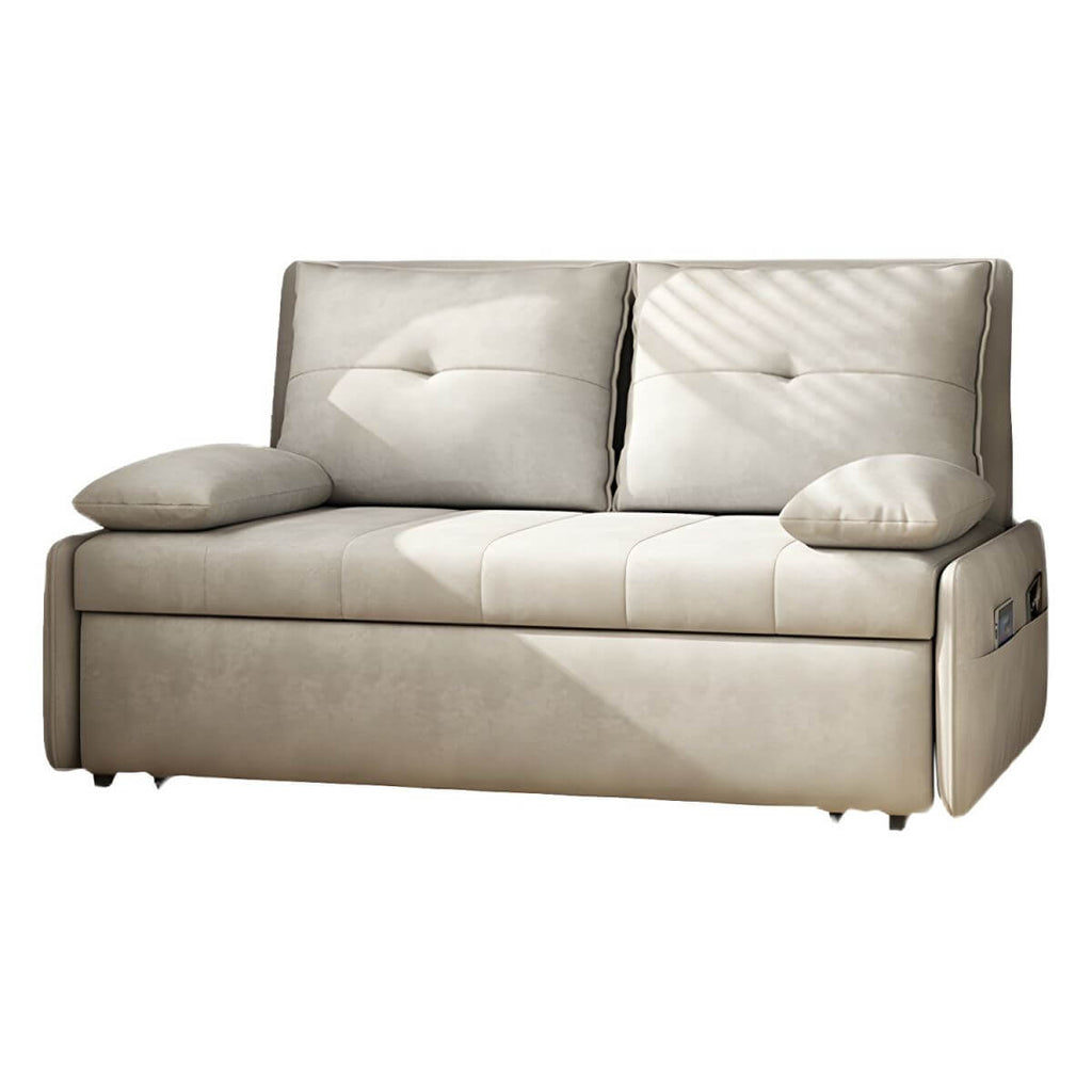 White polyester blend sleeper sofa with metal frame and casters, modern futon for versatile seating