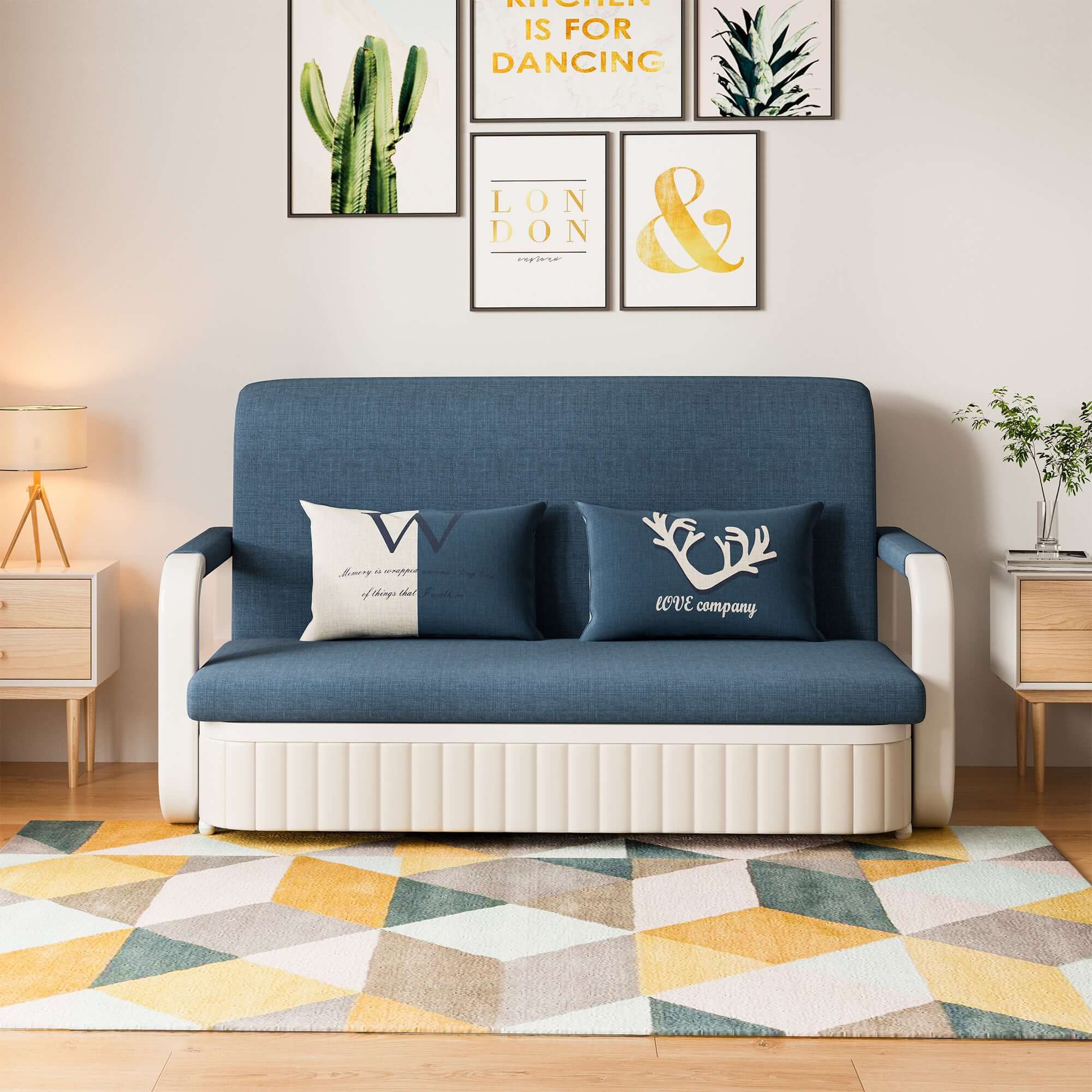 Two-seater sofa bed with cotton linen upholstery, storage compartment, and square arm design