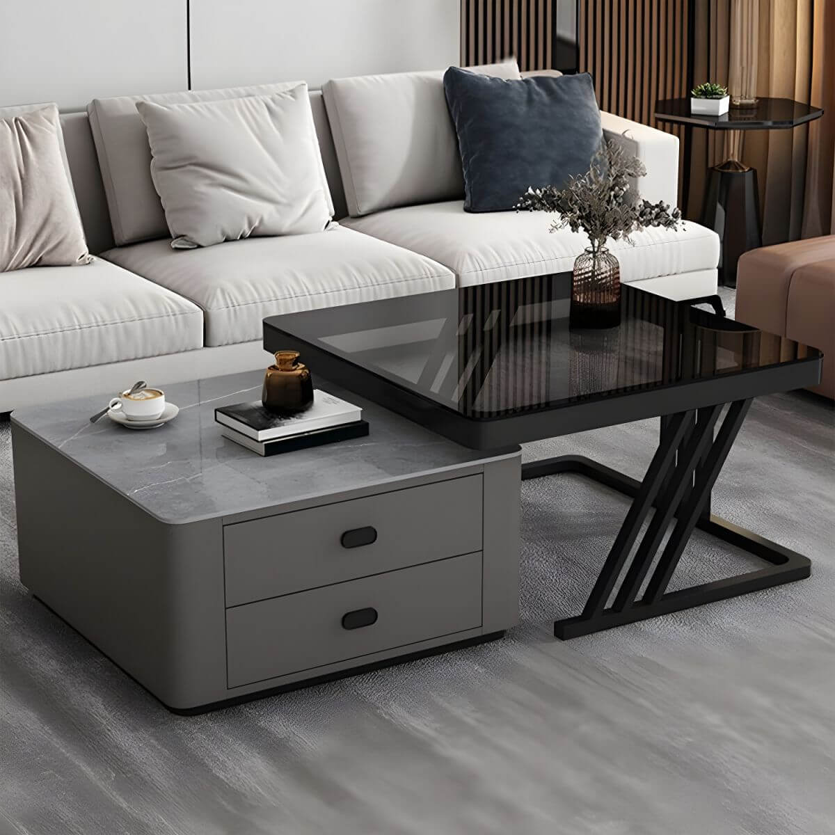 Modern square steel frame nesting coffee tables set with two pieces, including a small table main product image Hauptbild