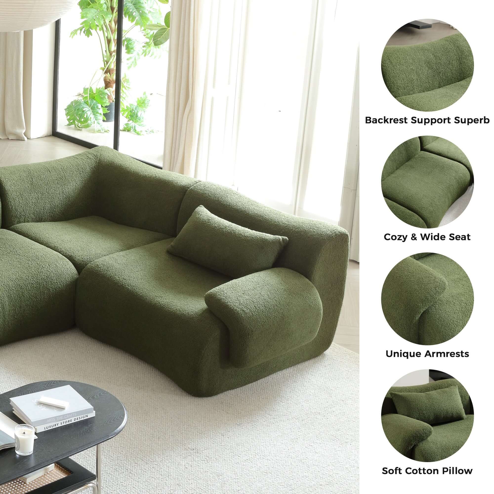 Modern sectional sofa upholstered in soft teddy velvet fabric with modular design