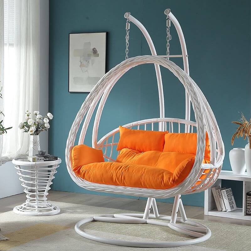 Aluminum porch swing with stand, includes cushions and chain for comfortable outdoor seating