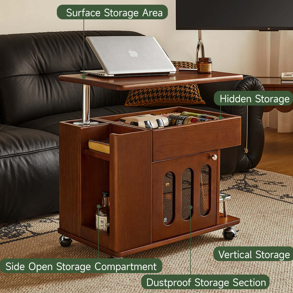 Adjustable solid wood mobile side cabinet with lift-up table top for versatile storage