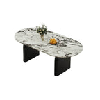 Oval modern dining table with stone top and black wood double pedestal base, 55.1 by 31.5 inches