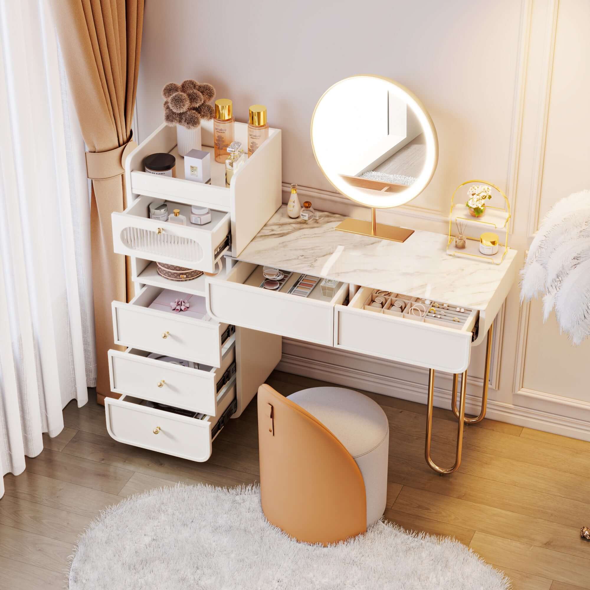 White makeup vanity with jewelry storage and multiple drawers for elegant organization