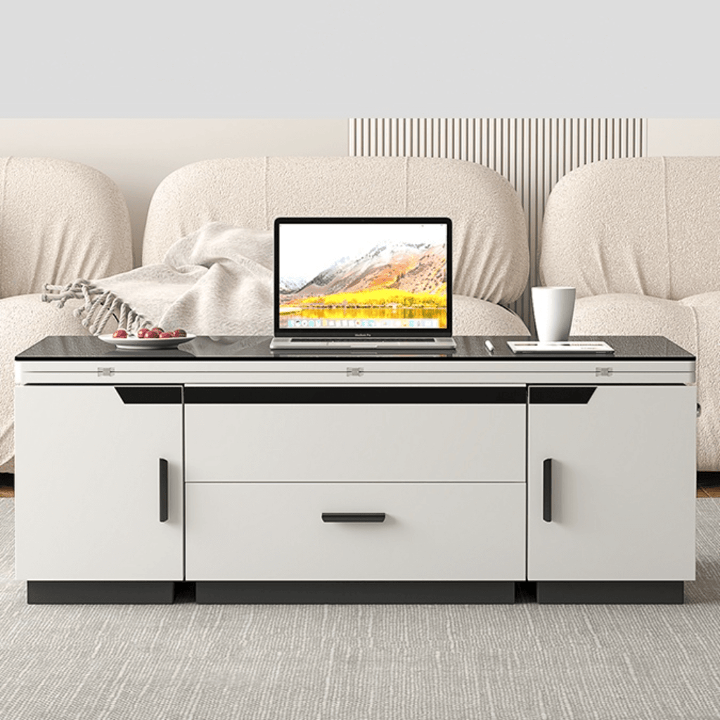 White lift-top coffee table with storage and stools, perfect for compact living spaces