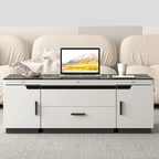 White lift-top coffee table with storage and stools, perfect for compact living spaces