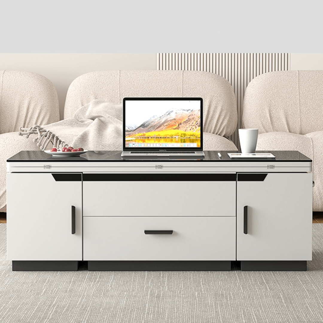 White lift-top coffee table with storage and stools, perfect for compact living spaces